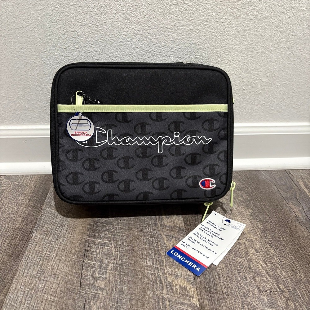 Champion Built In Tray Lunchbox Black Gray Lime NEW School